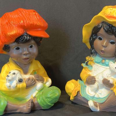 African American Girl And Boy With Pets Chalkware Figurines