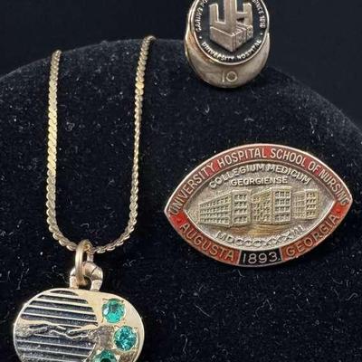 14K Gold Chain With 14K Gold Pendant And Two 10K Gold Pins