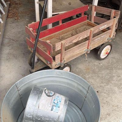Wooden Wagon From Sears, Galvanized Steel 18-Gal Bucket And Metal Topped Table 