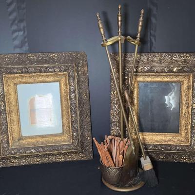 Two Very Ornate Frames And Metal Fire Place Tools