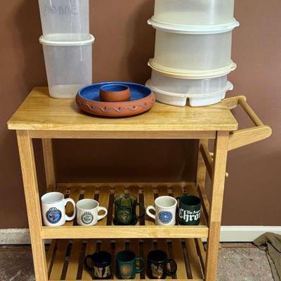 Wooden Rolling Kitchen Cart With Kitchen Essentials