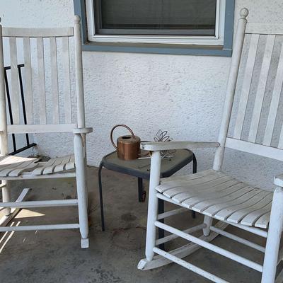 Two Wooden Rocking Chairs, & Small Metal And Glass Table 