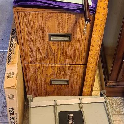Metal Filing Cabinet, Sentry Safe, Wooden Decorator Table And Office Supplies