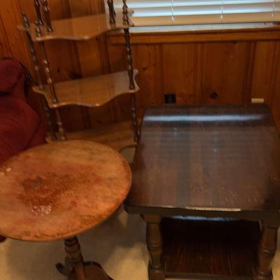 Three Wooden Pieces Of Furniture: Ornate Shelf, Round Accent Table And A Side Table