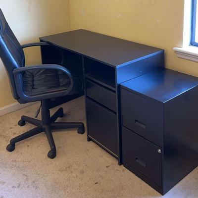 Wood-Like Desk With Metal Filing Cabinet And Office Chair