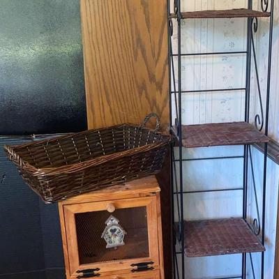 Wicker Shelf, Wooden Storage Cabinet And Basket