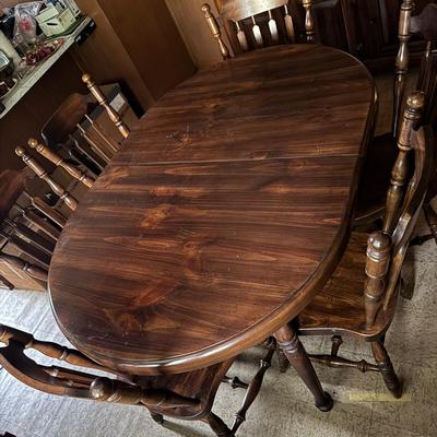 Wooden Dining Table With Six Chairs, Two Leafs, And Table Cover