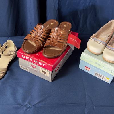 Earth Spirit Ginny Sandal In Brown & Skecher Sandal & Bobbi Blu Ribbon In Bone Leather Women’s 10