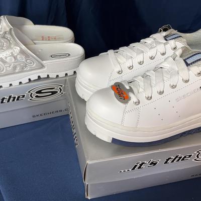 Skechers Slides Splash III Passion White/Silver & Skechers Gum Drops White/Navy Women’s Size 10