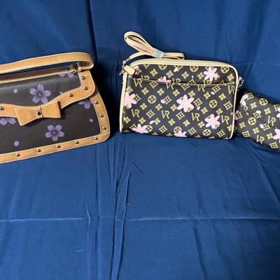 VR Brown w/ Pink Floral Purse with Matching Wallet & La'Beau Brown w/ Lavender Floral Purse