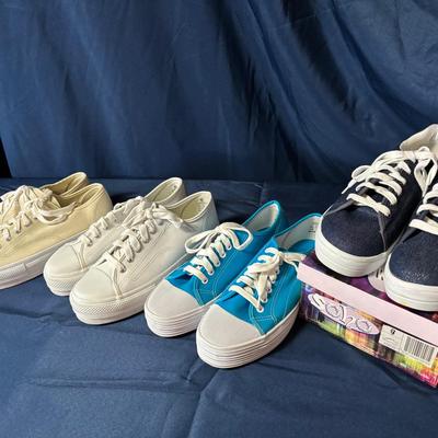 Ellemenno, Cheetah, Keds, Soho Platform Sneakers In Beige/white/teal/denim Sparkle. W Sz 9. Keds 9.5