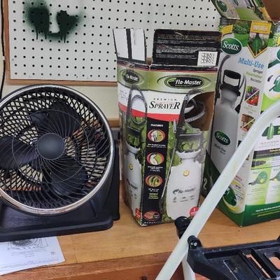 Step Ladder, Fan, and Sprayers