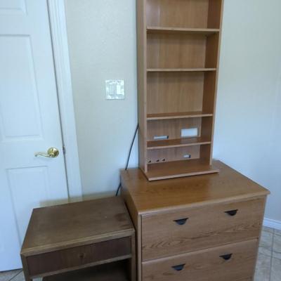 Oak Veneer 2-Drawer File Cabinet, Bookshelf & Vintage Side Table