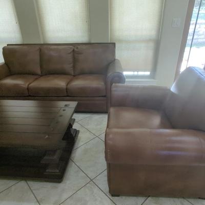 Allure By Star Furniture Brown Leather Sofa, Chair & Coordinating Wood Coffee Table