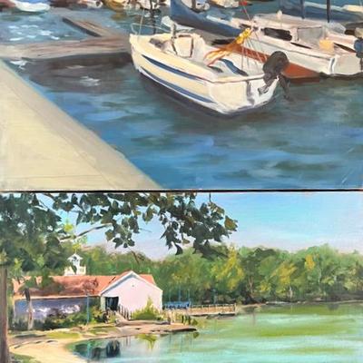 Pair of Larry Griggs Oil Paintings, Boat Dock and Lake Scene, Unsigned 