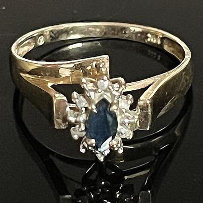 14K Yellow Gold Marquise Genuine Blue Sapphire 6 Diamond Ring 