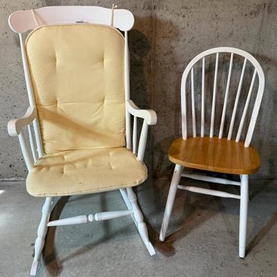 Farmhouse White & Wood Chairs (2), With Rocker