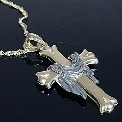 14K Yellow Gold Chain with 14K Two Tone Draped Cross Pendant 