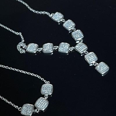 Sterling Silver 925 Square Diamond Dangle Necklace and Matching Bracelet 