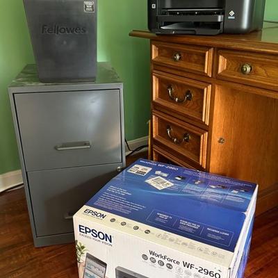 Home Office With Small Filing Cabinet, Fellowes Shredder & Epson WorkForce WF-2690 Printer 