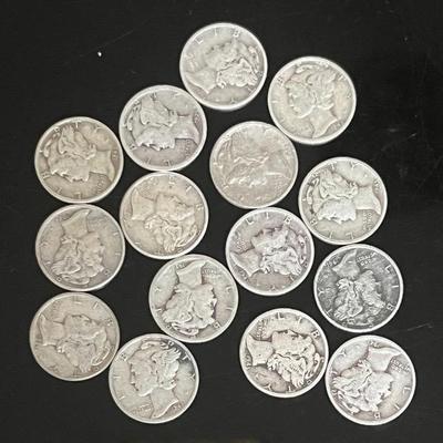 Mercury Silver Dimes (15) 90% Silver 