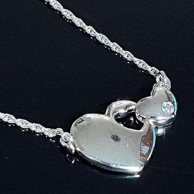 Sterling Silver 925 3 Diamond Double Heart Necklace 