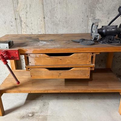 Solid Wood Workbench With Clamps (2) And Grinder