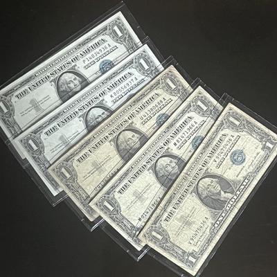 Series 1957 U.S. $1 Blue Seal Silver Certificates (5)