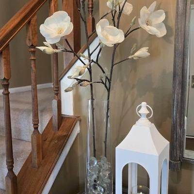 Decorative White Lantern with Candle, Tall Modern Glass Vase with Flowers