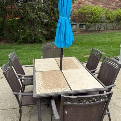 Tile-Top Patio Table With Umbrella And 8 Chairs (2 Captain Swivel)