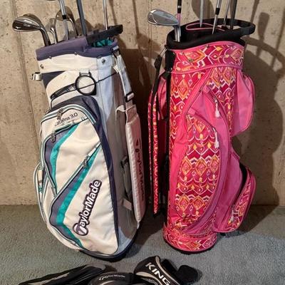 Golf Cart Bags (2) w/ TaylorMade Catalina 3.0, Mixed Clubs Including Cobra, Mizuno, Titleist
