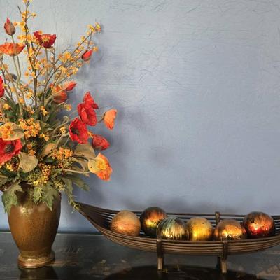 Floral Decor In Ceramic 11" Vase With Elongated Bowl And Glass Decorative Balls