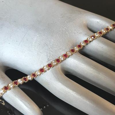 Gold over .925 Sterling Silver 23 Synthetic Ruby 23 Cubic Zirconia Bracelet 