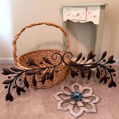Household Decor With Corner Table, Basket, Metal Wall Art