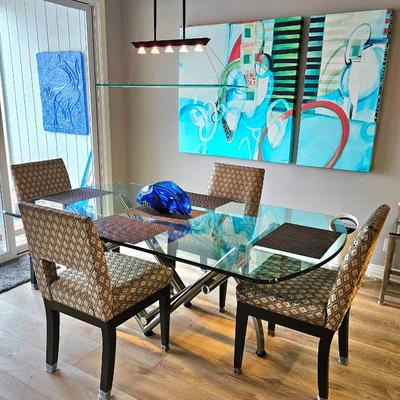 Sale Photo Thumbnail #2: Designer Modern Chrome & Glass Dining Table & Chairs.