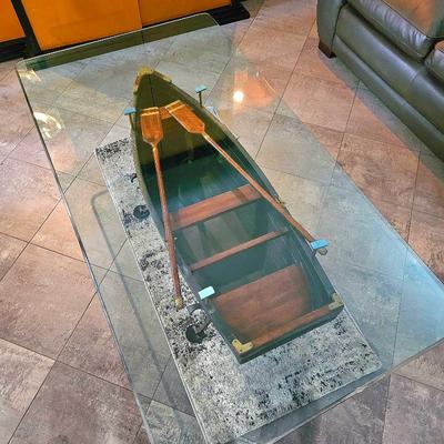 Unique Nautical Wooden Row Boat, Glass Top Coffee / Cocktail Table.