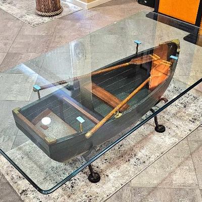 Unique Nautical Wooden Row Boat, Glass Top Coffee / Cocktail Table.