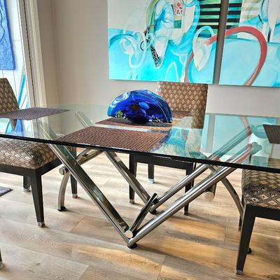 Designer Modern Chrome & Glass Dining Table & Chairs.