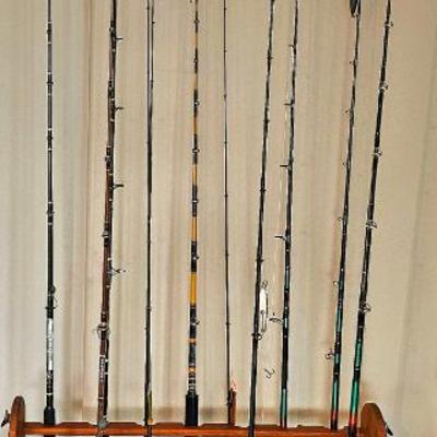 Numerous (Great Condition) Fishing Rods & Reels & Rolling Holder.