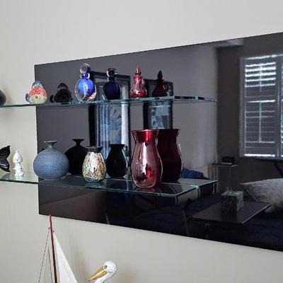 Unique Designer Black Glass Back Panel & Double Glass Shelf Wall Statement Piece. 