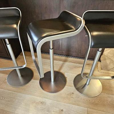 Set Of 3 LAPALMA (Italy) Lem Adjustable Bar Stools, Brushed Steel & Black Leather, Designed By Shin & Tomoko Azumi.
