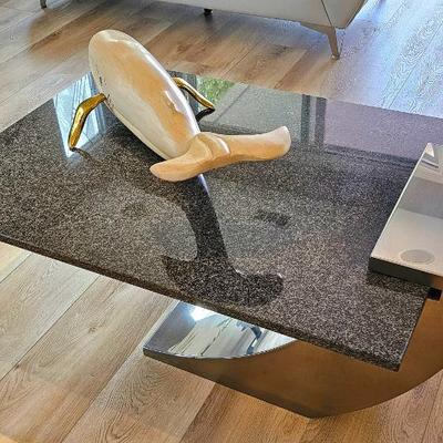 Futuristic Modern Stainless Steel & Speckled Marble Table.