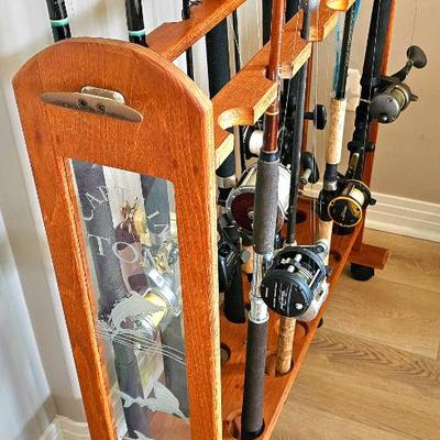 Numerous (Great Condition) Fishing Rods & Reels & Rolling Holder.
