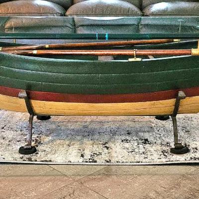 Sale Photo Thumbnail #50: Unique Nautical Wooden Row Boat, Glass Top Coffee / Cocktail Table.