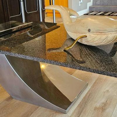 Futuristic Modern Stainless Steel & Speckled Marble Table.