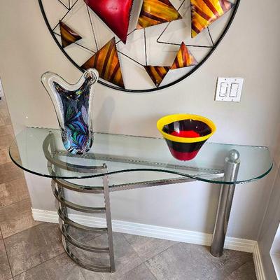 Sale Photo Thumbnail #45: Chrome & Glass Designer Console Table.