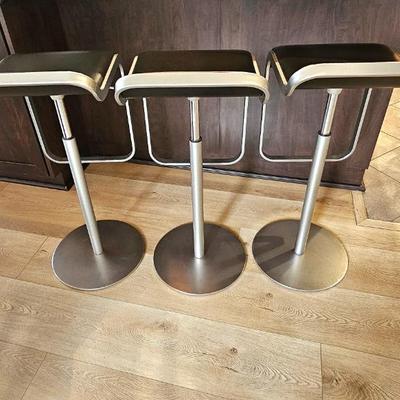 Set Of 3 LAPALMA (Italy) Lem Adjustable Bar Stools, Brushed Steel & Black Leather, Designed By Shin & Tomoko Azumi.