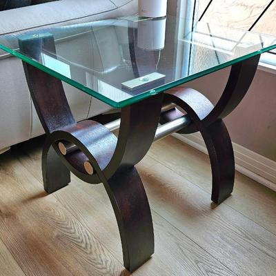 Pair Of Klaussner Quantam Fusion Glass Top End Tables.