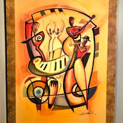 Large Alfred Gockel "Abstract Jazz Musicians" Acrylic Glazed Over Abstract Style Art Piece.