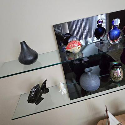 Unique Designer Black Glass Back Panel & Double Glass Shelf Wall Statement Piece. 